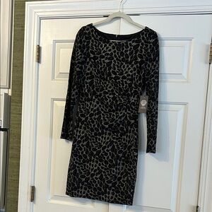 Vince Camuto Black and Tan Animal Print Long Sleeve Dress